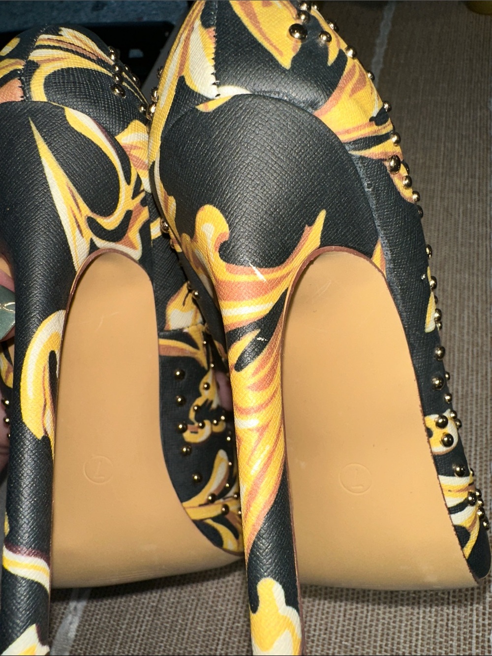 Liliana Black & Yellow Floral Studded Pointed Toe Pumps - Picture 5 of 7